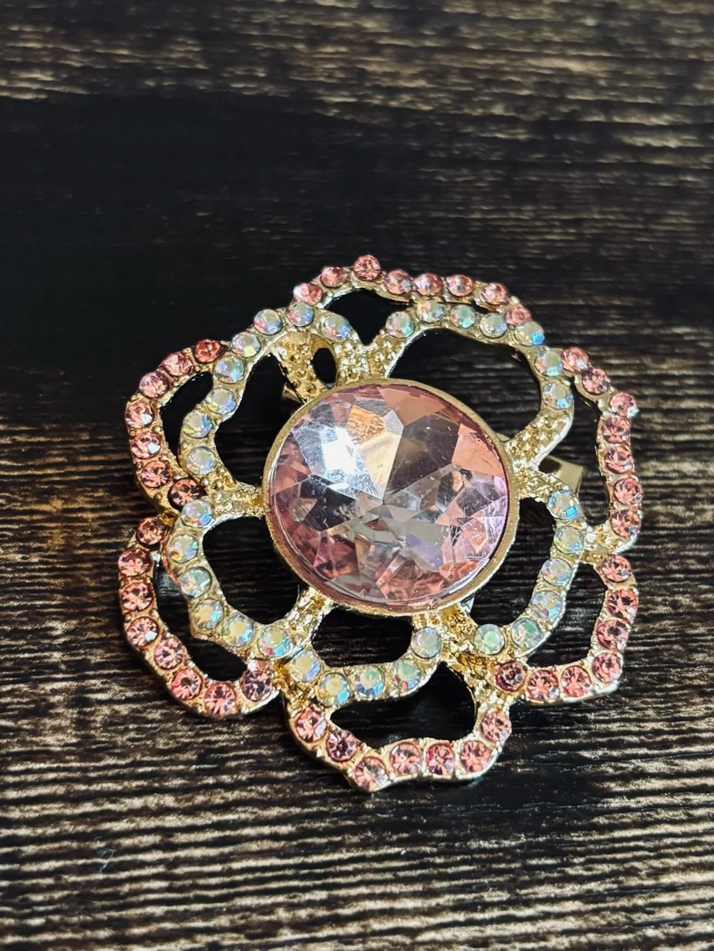 Pink‎ Crystal Rhinestone Floral Brooch Pin - Gold Tone
